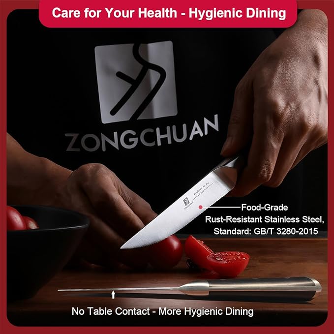 Medium Steak Knives Set of 2, 4.5 Inch High-Carbon Stainless Steel Serrated Steak Knife, Ergonomic Black Handles, Razor-Sharp, Dishwasher Safe, Rust-Resistant & Durable, Full Tang With Excellent Gift