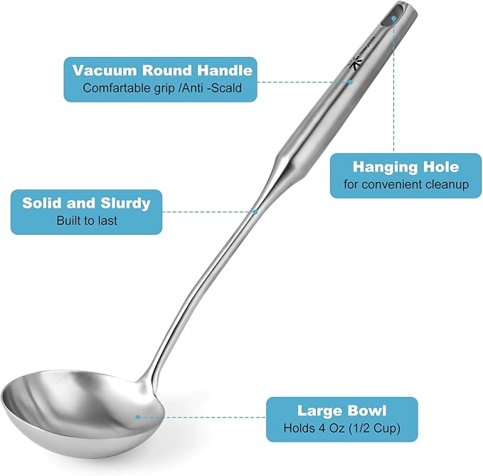 Soup Ladle - 18/10 Stainless Steel Ladle Spoon，13.8" Large Durable Metal Ladel for Serving or Cooking, Stirring, Wok & Soup, Professional Heavy Duty kitchen Utensils, Christmas gifts