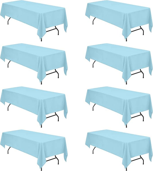 BRILLMAX 8 Pack Light Blue Tablecloths 60 x 126 Inch for 8ft Rectangle Tables - 150 GSM Polyester Fabric, 15" Standard Drop, Water, Stain & Wrinkle Resistant Cloth Cover for Wedding Dining Buffet