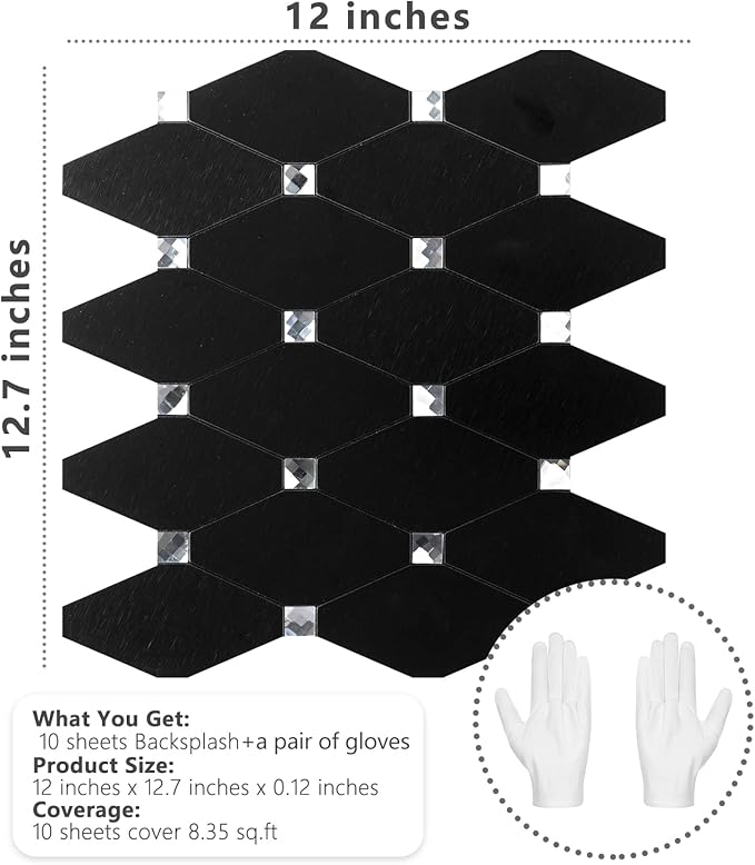 STICKGOO Peel and Stick Backsplash, 10 Sheets Kitchen Mosaic Tile Sticker, Black Brushed Aluminum Composite Panel, Stick on Backsplash for Kitchen, Countertop, Bathroom Vanity