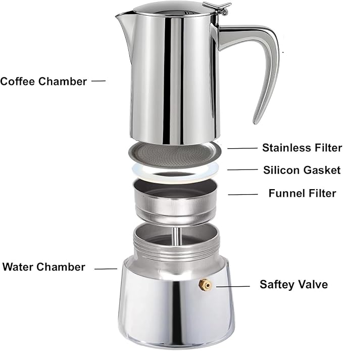 Natier Stainless Steel Stovetop Espresso Maker – Italian Moka Pot, Induction Compatible Espresso Coffee Maker with Safety Valve (6 Cups)