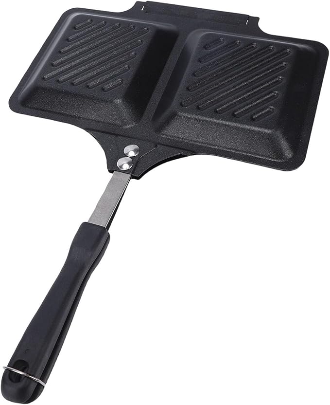 Grilled Sandwich Maker,Stove top Panini Press Pan with Non Stick Plates, Double Sided Hot Toasted Sandwich Maker Breakfast Frying Pan for Outdoors Camp Home Kitchen (Black)