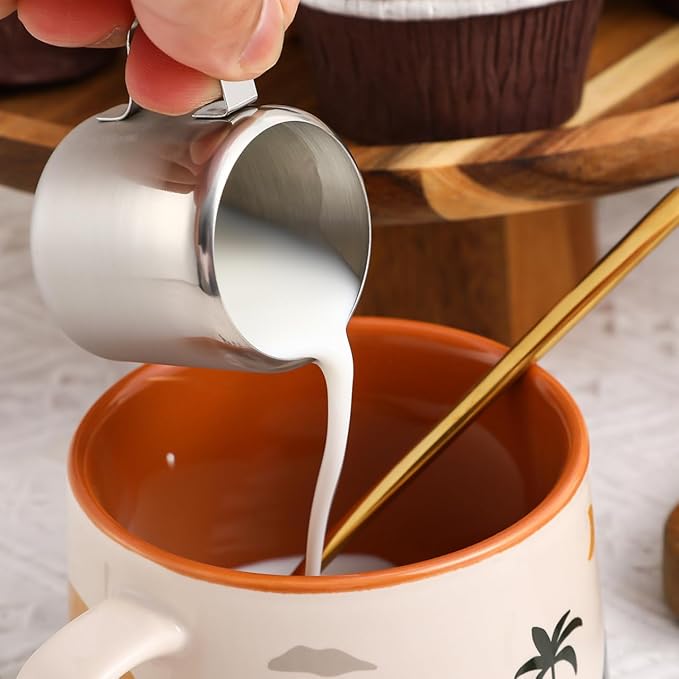 PRETYZOOM Stainless Steel Frothing Milk Pitchers Sauce Cups 50Ml 2 Pack with Ergonomic Handle for Coffee Latte Barbecue Picnic Dining 1.57X1.57X1.57 Inch