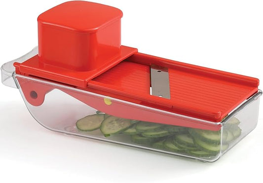 Small Mandoline Slicer – Portable Vegetable Slicer for Kitchen, Travel, On The Go – Adjustable thickness mandoline Slicer Food Cutter with Container All-in-1 Compact Vegetable Chopper– with Bowl Red