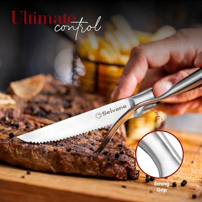 Steak Knives Set of 4, Rust Free Stainless Steel Steak Knife Set with Sharp Serrated Edge and Non Slip Handle