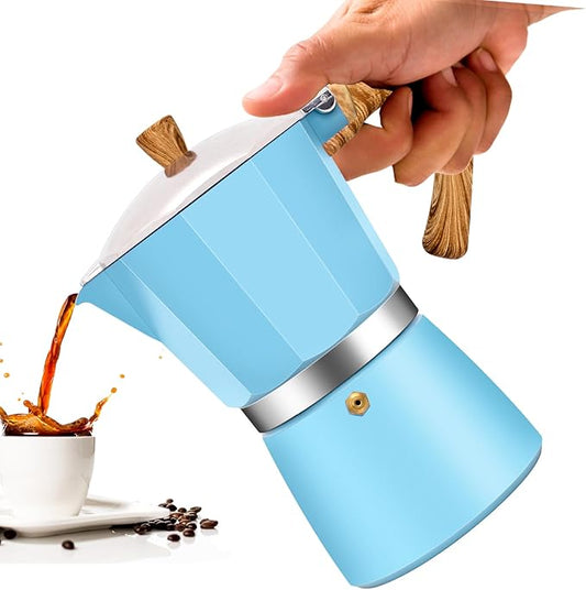 6 Cup Aluminum Moka Pot Classic Stovetop Espresso Coffee Maker 300ml 10oz Coffeemaker Percolator Mocha Pot Greca Coffee Maker Cafe Makers for Italian and Cuban Café Brewing Blue