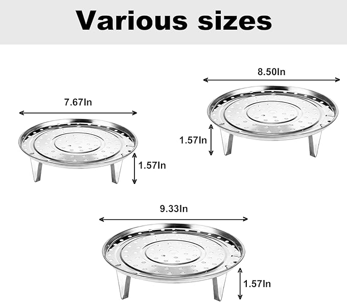 Round Stainless Steel Steamer Rack, 7.6" 8.5" 9.33" Inch Steaming Rack, Removable Stands, for steamer, Stock Pot, Pressure Cooker, Cooking, baking bread, vegetable salad (3 Pcs)