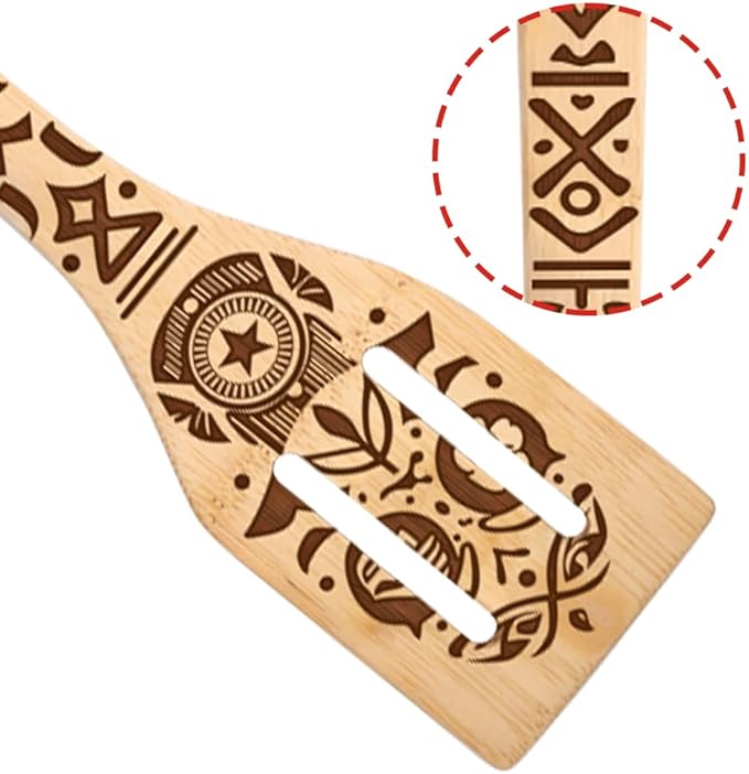 Ancient Totem Retro style Gift Idea Cooking Serving Utensils Natural Bamboo Kitchen House Warming Presents Slotted Wooden Spoons for Cooking Utensils Set of 5…