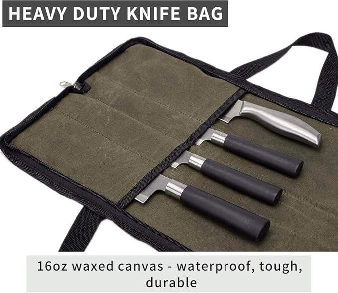 Knife Roll,Heavy Duty Knife Bag,Waxed Canvas knife Case with 4 Slots for Knives & Kitchen Tools,Chef Knife Bag with Handle.Portable Knife Roll Bag for Stroage Home Traveling Camping.Case Knives Pouch