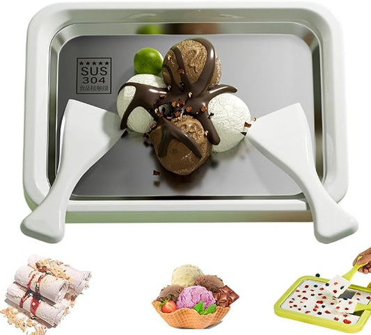 Rolled Ice Cream Maker Large, At Home Rolled Ice Cream Tray Kit With 2 Scrapers, Diy Stainless Steel Instant Frozen Yogurt Cold Plate, Fun Family Activity, Easy Homemade Desserts (White, 8.6"x 6.8")