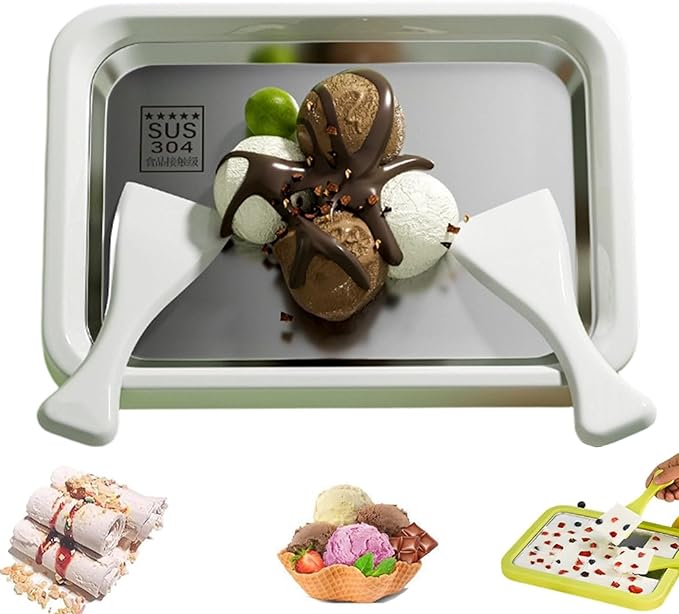Rolled Ice Cream Maker Large, At Home Rolled Ice Cream Tray Kit With 2 Scrapers, Diy Stainless Steel Instant Frozen Yogurt Cold Plate, Fun Family Activity, Easy Homemade Desserts (White, 10.2"x 8.2")