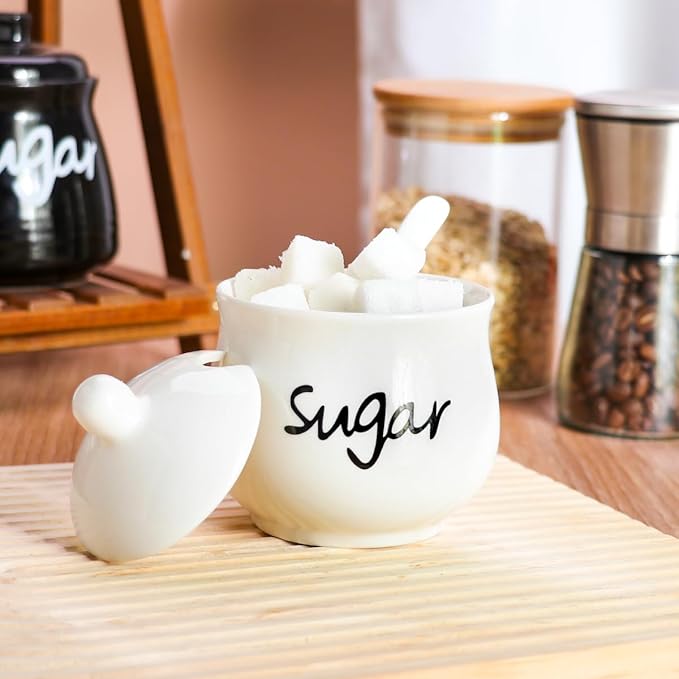 Ceramic Sugar Bowl with Lid and Spoon,Porcelain Sugar Jar Sugar Dispenser,White Sugar Container for Coffee Bar Home and Kitchen Decor 7 Ounces