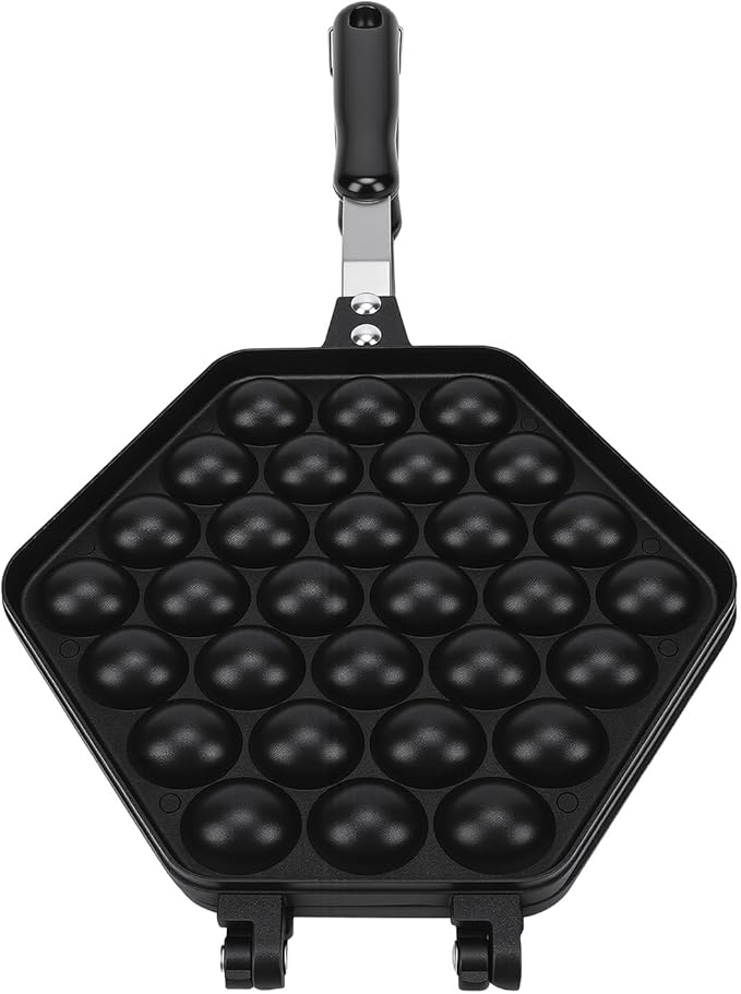 Tnfeeon Bubble Waffle Pan Cast Aluminum Stovetop Maker, Double Sided Egg Waffle Iron with Fixed Bracket and Anti Scald Handles for Home Kitchen Cafe Use