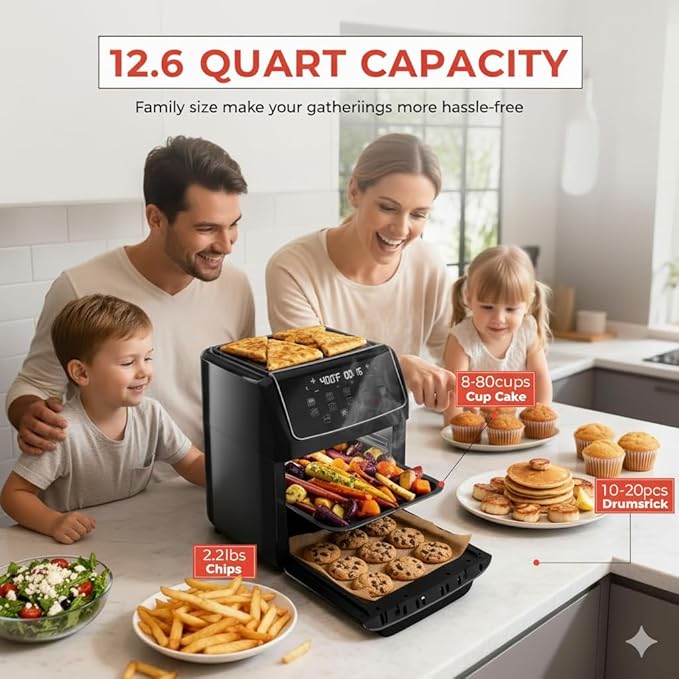 HealSmart 10-in-1 Air Fryer Oven, 12.6Qt Convection Oven with Visible Window, Rotisserie & Grill, Family-Size Airfryer with Visible Window for Healthy Cooking