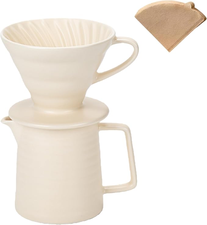 HYAXGM Pour Over Coffee Maker, Ceramic Coffee Maker With 40 pcs Paper Filter,15oz/450ml Pour Over Coffee Dripper (White, V02)