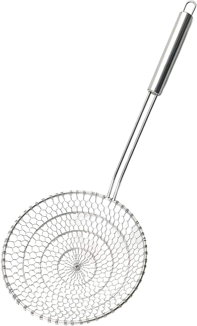 Best Utensils Asian Kitchen Stainless Steel Spider Strainer Professional Wire Skimmer with Spiral Mesh (7-Inch Strainer Basket)