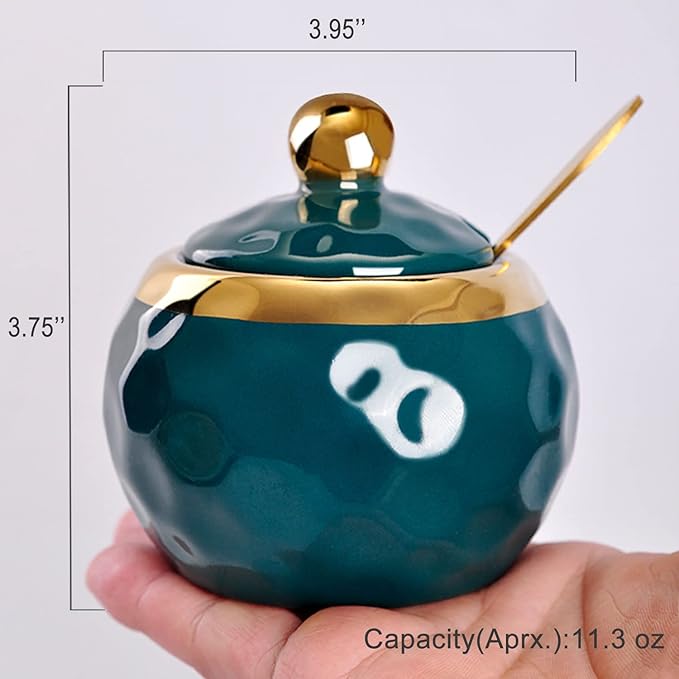 WHJY Ceramic Sugar Bowl with Lid and Spoon, Golf Design Porcelain Salt Bowl Salt Container, Modern Spice Box Seasoning Jar for Home and Kitchen Coffee Bar - Green