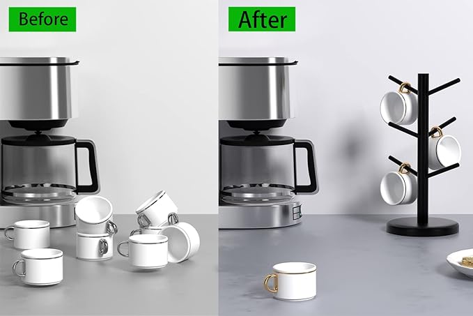 Dorhors Mug Holder Tree,Coffee Cup Holder with 6 Hooks, Wood Mug Rack for Counter,Coffee Bar Accessories and Orgnizer Station,Black