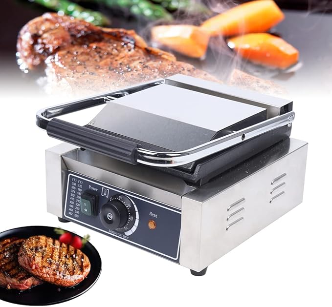 Commercial Sandwich Press 1800W Countertop Panini Grill 110V Sandwich Panini Press Grill Non Stick Surface Electric Maker Temperature Control for Hamburgers Steaks for Restaurant Cafe