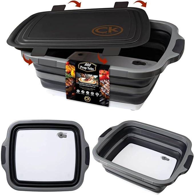 New XL Collapsible BBQ Prep Tub wtih LOCKING Lid, Cutting Board & Drain Hole | BPA-Free, Food-Grade, Recyclable, Space-Saving Caddy for Grilling, Camping, Kitchen & Outdoor Cooking (Black, 30 Liters)