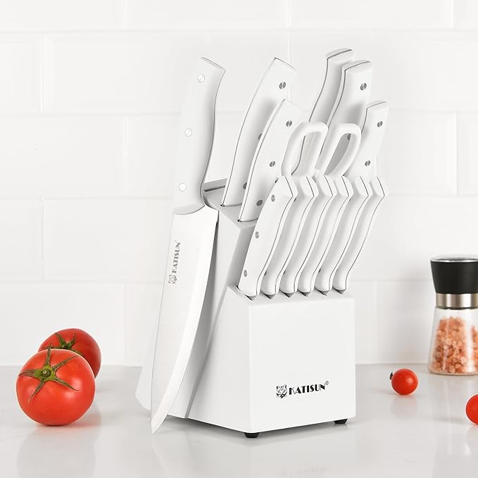 Knife Set, White High Carbon Stainless Steel Kitchen Knife Sets with Block, Built-in Sharpener, Forged Triple Rivet, Dishwasher Safe
