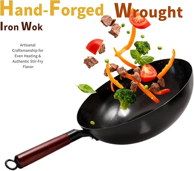 Calmabode Uncoated Carbon Steel Wok with Wooden Handle (12 Inch) - Traditional Chinese Stir Fry Pan for High Heat Cooking, Non-Toxic, Easy Cleanup, Induction & Stovetop Compatible with Hanging Loop