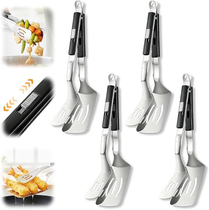 Stainless Steel Grill Clamp, 2026 Upgraded Multifunctional Frying Spatula, Rubber-Grip Tongs-Spatula, Perfect for Grilling, Cooking, Frying, and Griddling (4)