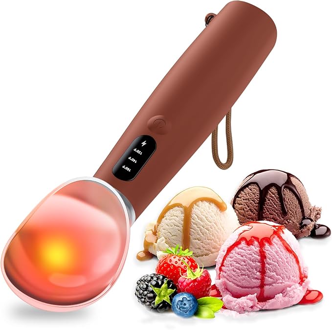 Heated Ice Cream Scoop Rechargeable, IP67 Waterproof Electric Warming Ice Cream Scooper with LED Display, Heats to 70°C for Hard Ice Cream, Easy for Seniors & Kids (Brown)