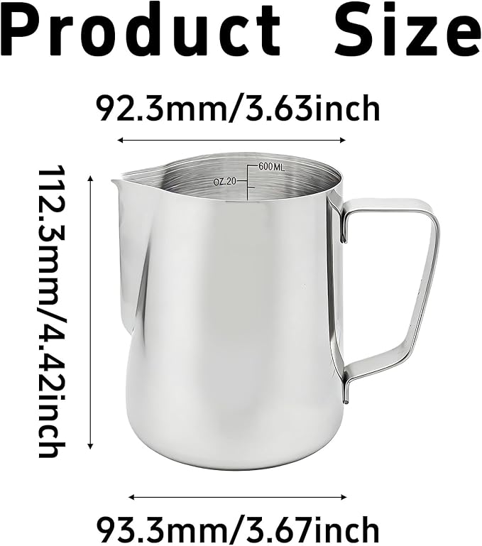 Stainless Steel Measuring Cup with Pour Spout, Metal Pitcher with Oz and ML Markings, Ergonomic Handle for Kitchen Baking and Coffee (20OZ/ 600ML- 2.4 Cup)