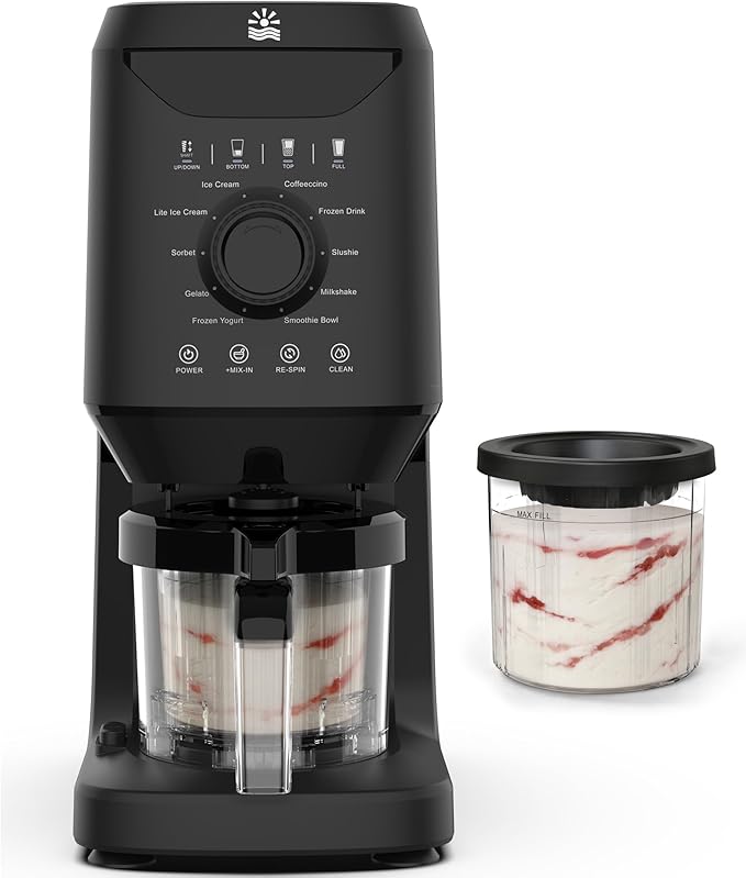 Homemade Ice Cream Maker Machine - 12-in-1 Ice Cream Maker with 2 Pint Containers & Lids, Gelato, Sorbet and Frozen Yogurt Maker, Self-Cleaning, Family Size, Black,Pre-freeze for 24 Hours
