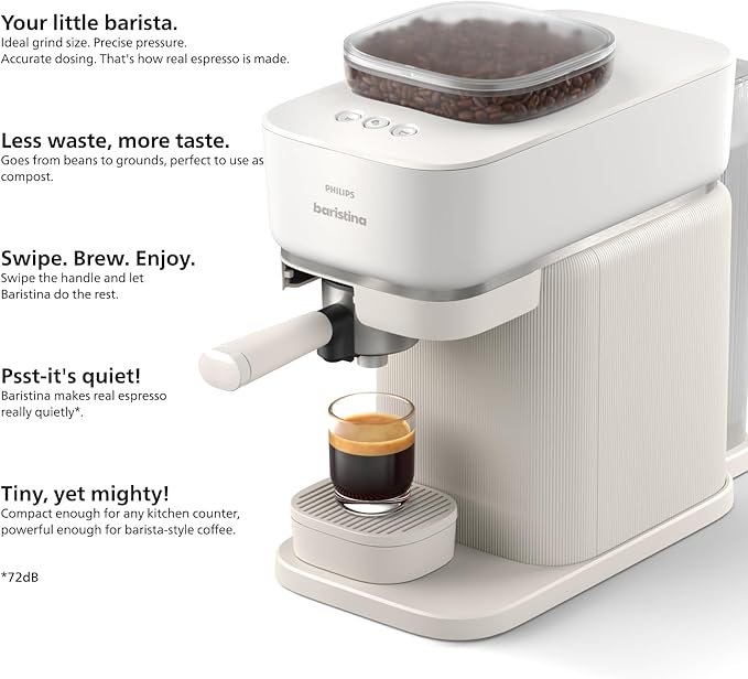 Philips Baristina Espresso Machine - Real espresso, made simple. Compact coffee machine, natural white with white portafilter, 16 bar pump pressure, automatic grinder, Cafe Crema (BAR300/00)