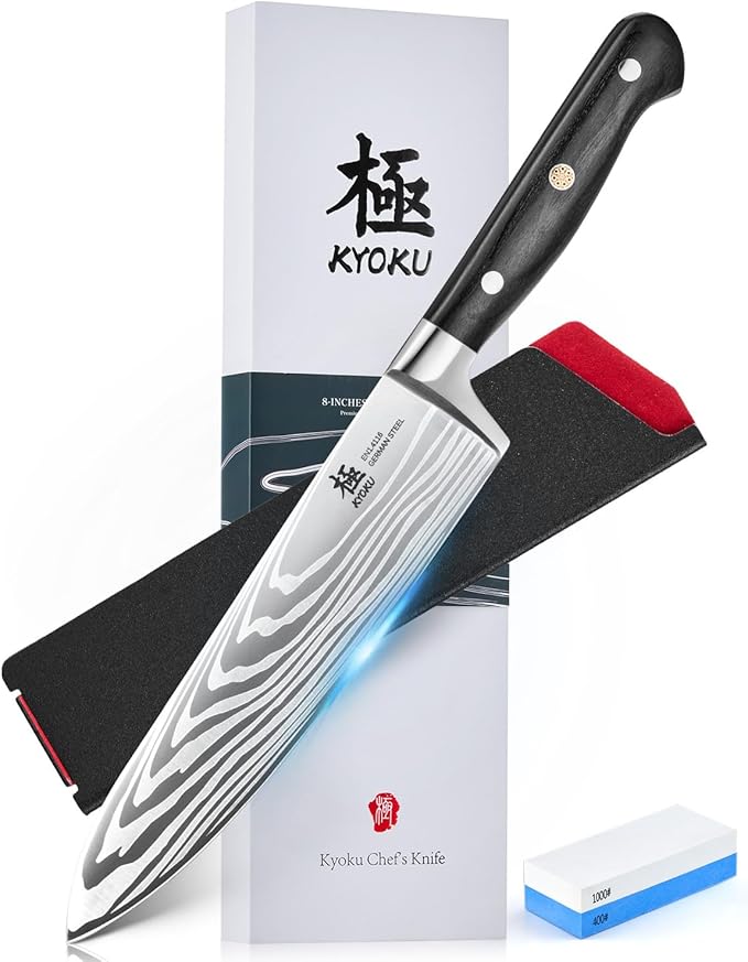 KYOKU 8" Chef Knife, Samurai Series Japanese Style Chef's Knife with Sharpening Stone, High Carbon Steel Kitchen Knife with Pakkawood Handle Mosaic Pin Gift Box for Meat Vegetable Fruit Chopping