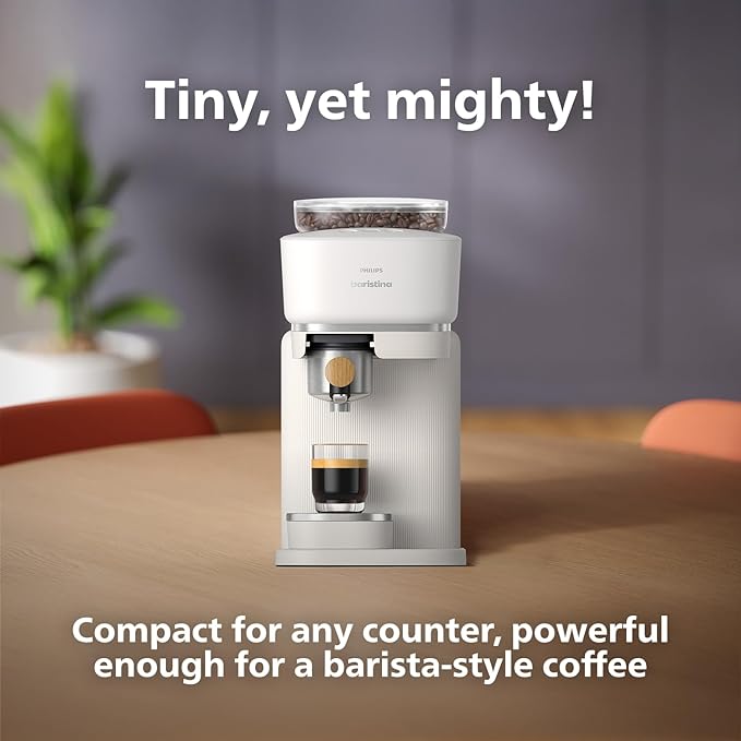 Philips Baristina Espresso Machine - Real espresso, made simple. Compact coffee machine, natural white with ash wood portafilter, 16 bar pump pressure, automatic grinder, Cafe Crema (BAR302/20)