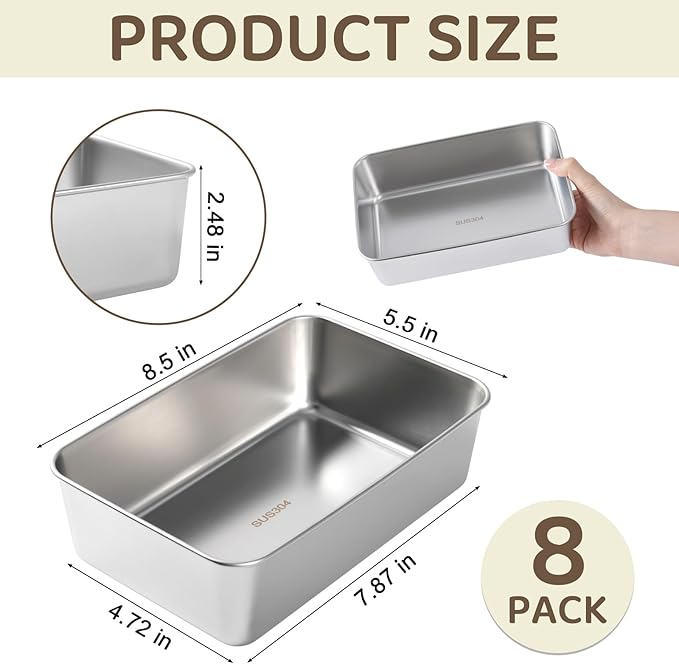 FDKYOEK 8 Pack Large Stainless Steel Loaf Pans, 8.5x5.5 Inch Stainless Steel Bread Pans, Rectangular Metal Baking Tins for Homemade Bread, Toast, Cake, Meatloaf, Oven Safe