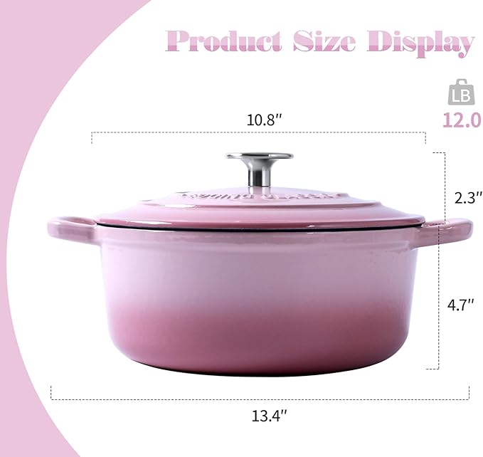 EDGING CASTING Enameled Cast Iron Covered 5.5 Quart Dutch Oven with Dual Handle, Dutch Ovens with Lid for Bread Baking, Pink