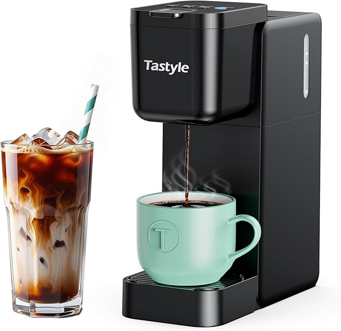 Tastyle Single Serve Coffee Maker Hot and Iced with Bold Brew, Small Coffee Machine for K Cup and Ground, Fits 7.3'' Travel Mug, Brews up to 16 Oz, 5 Cup Sizes, Compact for Office, RV& Hotel, Black