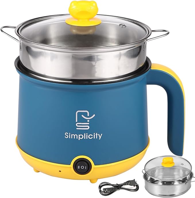 Electric Hot Pot with Steamer 1.8L/55oz, Stainless Steel Non-Stick Ramen Pasta Cooker,Portable Travel Cooker Quick Cook Multi-Functional Electric Skillet for Egg Soup Porridge