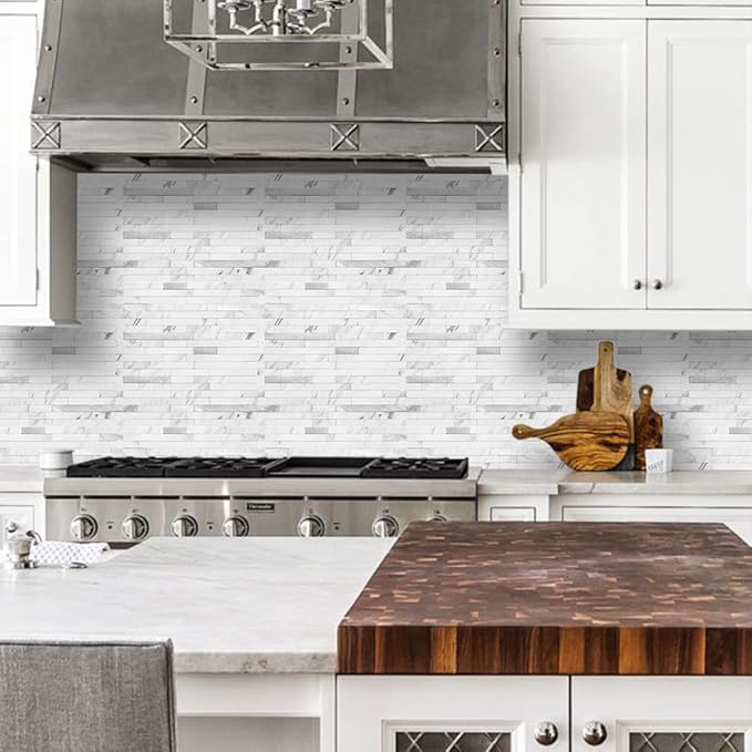 DICOFUN 20-Sheet Peel and Stick Backsplash Tile, Faux White Marble Look PVC Mixed Metal Stick on Backsplash Tiles for Kitchen, 18.8 sq.ft
