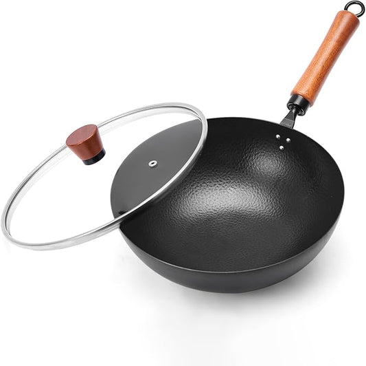 VIVIDCOOKWARE 11 Inch Round Bottom Wok, Cold-Forged Iron Wok with Glass Lid, Carbon Steel Wok with Wooden Handle, Heavy-Duty Stir Fry Pan for Gas Stoves and Round-Bottom Induction Stovetop