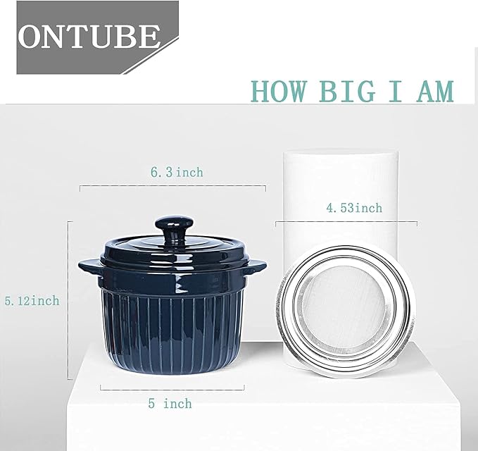 ONTUBE Ceramic Bacon Grease Container Keeper with Strainer, Frying Oil Storage Can, Navy