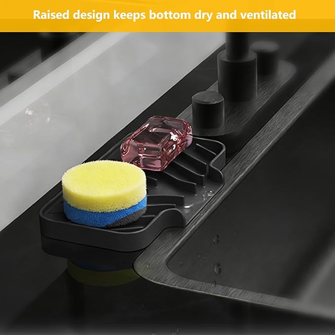 Sponge Holder for Kitchen Sink,6"×4" High Slope Soap Tray, Silicone Sponge Holder with Drain, Dish Soap Mat for Shower Bathroom, Perfect for Bottle,Cup on Sink or Counter (Black, 6×4)