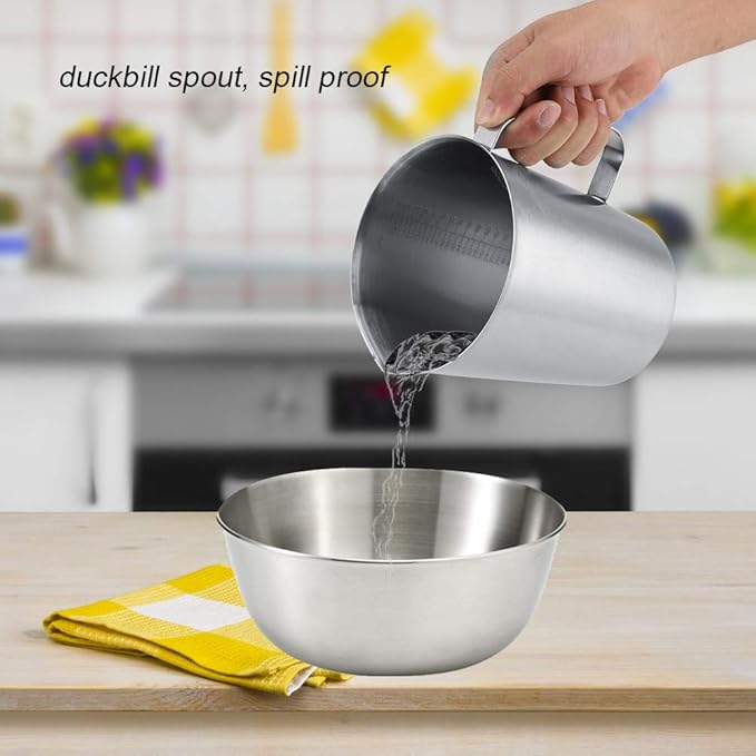 Frothing Cup, 2000ML 64OZ Measuring Cup, 304 Stainless Steel Graduated with Handle,Heavy-Duty Frothing Pitcher, Milk Frothing Pitcher Milk Frother Cup with Marking with Handle for Espresso Machines