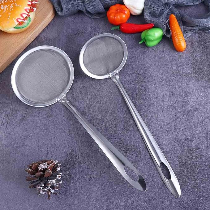 Vctitil 2 Pcs 2.9inch Fine Mesh Food Strainer Stainless Steel Skimmer Spoon Hot Pot Fat Strainer with Long Handle for Skimming Grease and Foam,9.64inch Long