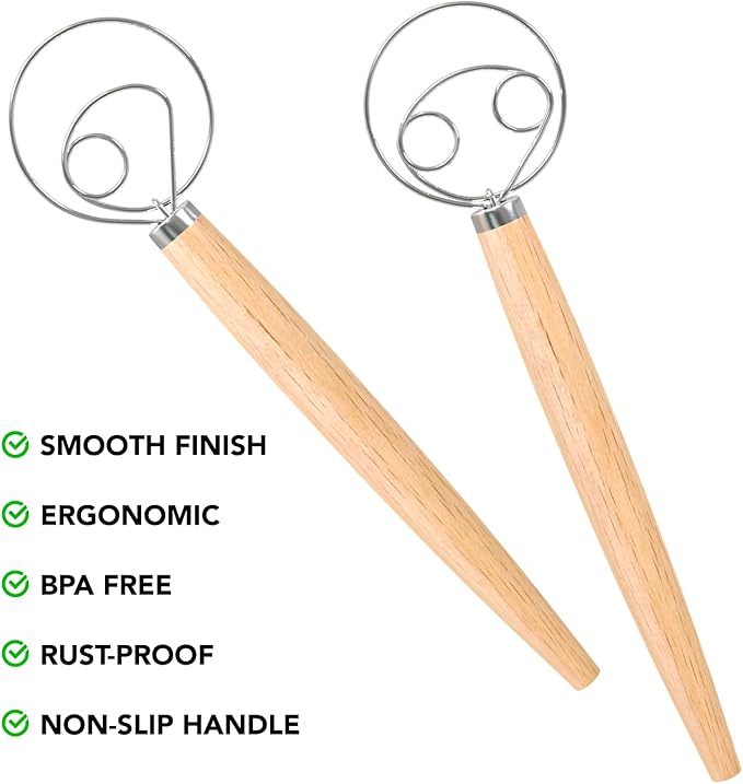 O'Creme Danish Dough Whisk - One Eye Stainless Steel Bread Mixer with Wooden Handle - Sourdough Whisk for Baking Dough, Pizza, Pastries - Food-Grade, Dishwasher Safe