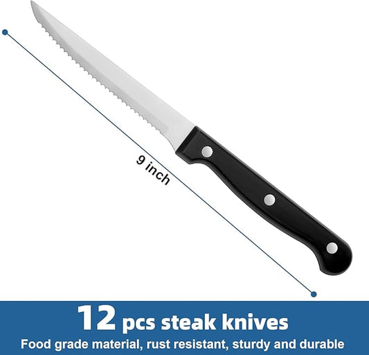 Steak Knives Set of 12, Sharp Triple Rivet Steak Knife Sets, High-Carbon Stainless Steel Serrated Blades, Ergonomic Handles Serrated Steak Knives, Dinner Knife for Kitchen Restaurant, Dishwasher Safe