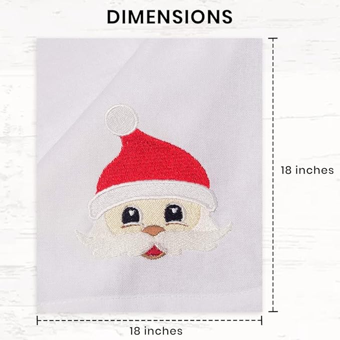 Christmas Cloth Napkins Dining Table Dinner Napkins|Washable Cotton Napkins Easter Basket Decor|Happy Santa Face Embroidered 18x18 in White Pk of 6 Cocktail Party Napkins