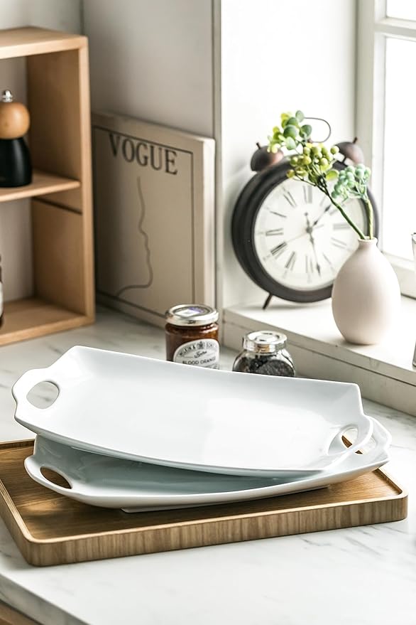 LAUCHUH Serving Platter for Party, 16 inches Large Serving Tray with Handles Porcelain Serving Platters for Meat Serving Dish for Entertaining White Serving Plates for BBQ, Plates Set of 2