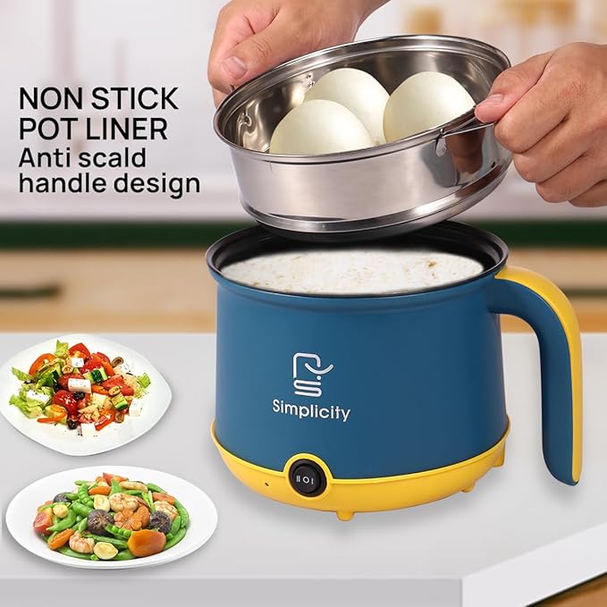 Electric Hot Pot with Steamer 1.8L/55oz, Stainless Steel Non-Stick Ramen Pasta Cooker,Portable Travel Cooker Quick Cook Multi-Functional Electric Skillet for Egg Soup Porridge