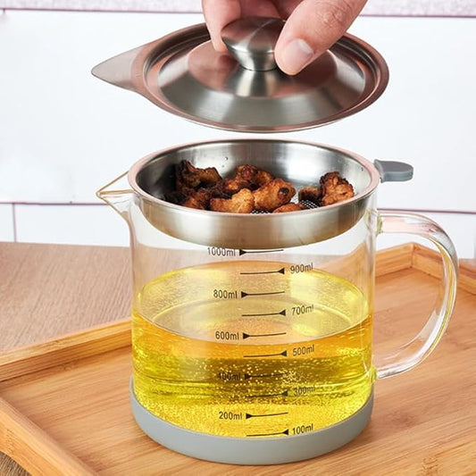 Grease Container with Fine Mesh Strainer 33.80Oz Bacon Grease can for Kitchen Oil Filtering and Storage with Handle for Cooking and Food Preparation