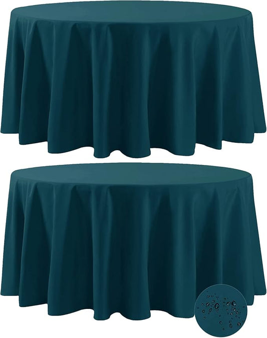 Fokitut 2 Pack Waterproof Round Tablecloth, 108 Inch, Stain Resistant and Wrinkle Polyester Table Cloth, Fabric Table Cover for Kitchen Dining, Wedding, Party, Holiday Dinner-Peacock Blue